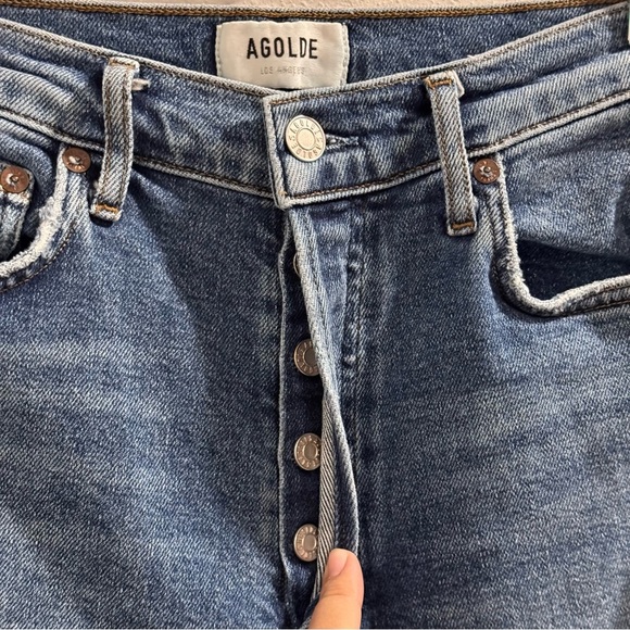 Agolde Women’s 25 Blue Nico High Rise Slim Fit Button Fly Distressed Denim Jeans - Picture 3 of 6